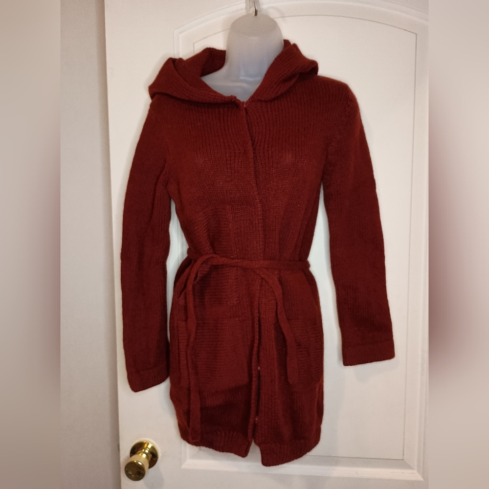 OUTLANDER Red Cozy Coatigan burgundy wool Knitted cardigan pockets,Belt hoodie S